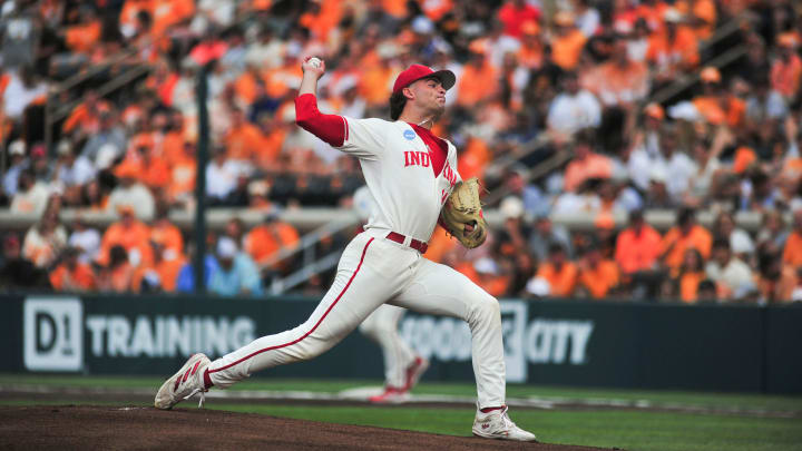 Indiana's Connor Foley (14) pitches during a NCAA Baseball Tournament Knoxville Regional game at Lindsey Nelson Stadium on Saturday, June 1, 2024 in Knoxville, Tenn. Indiana's Connor Foley (14) pitches during a NCAA Baseball Tournament Knoxville Regional game at Lindsey Nelson Stadium on Saturday, June 1, 2024 in Knoxville, Tenn.