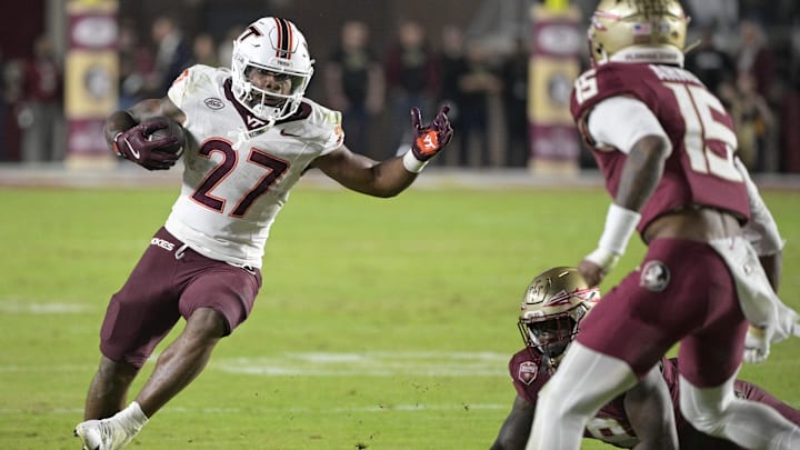 Nov. 15, 2025; Tallahassee, Fla.; Virginia Tech running back Marcellous Hawkins (27) runs the ball during the second half. Nov. 15, 2025; Tallahassee, Fla.; Virginia Tech running back Marcellous Hawkins (27) runs the ball during the second half.