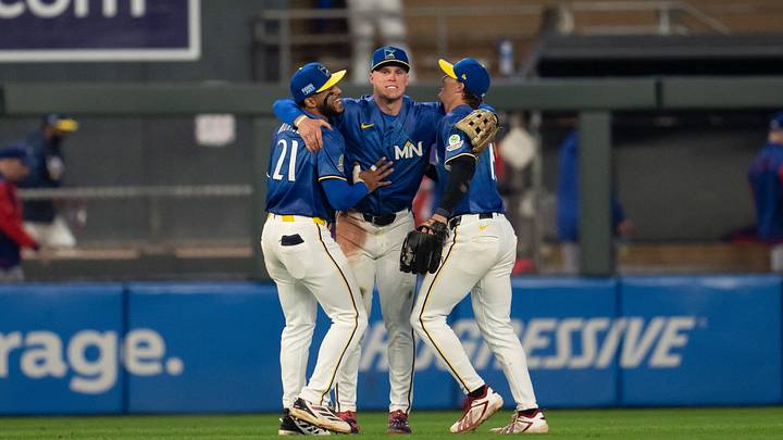 Sep 25, 2026; Minneapolis, Minnesota, USA; Minnesota Twins left fielder Emmanuel Rodriguez (21), center fielder Walker Jenkins (11) and right fielder Luke Keaschall (15) celebrate after defeating the Texas Rangers at Target Field. Mandatory Credit: Jesse Johnson-Imagn Images Sep 25, 2026; Minneapolis, Minnesota, USA; Minnesota Twins left fielder Emmanuel Rodriguez (21), center fielder Walker Jenkins (11) and right fielder Luke Keaschall (15) celebrate after defeating the Texas Rangers at Target Field. Mandatory Credit: Jesse Johnson-Imagn Images