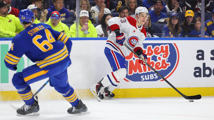 May 8, 2026; Buffalo, New York, USA; Montréal Canadiens right wing Ivan Demidov (93) looks to make a pass as Buffalo Sabres defenseman Logan Stanley (64) defends during the first period in game two of the second round of the 2026 Stanley Cup Playoffs at KeyBank Center. Mandatory Credit: Timothy T. Ludwig-Imagn Images May 8, 2026; Buffalo, New York, USA; Montréal Canadiens right wing Ivan Demidov (93) looks to make a pass as Buffalo Sabres defenseman Logan Stanley (64) defends during the first period in game two of the second round of the 2026 Stanley Cup Playoffs at KeyBank Center. Mandatory Credit: Timothy T. Ludwig-Imagn Images