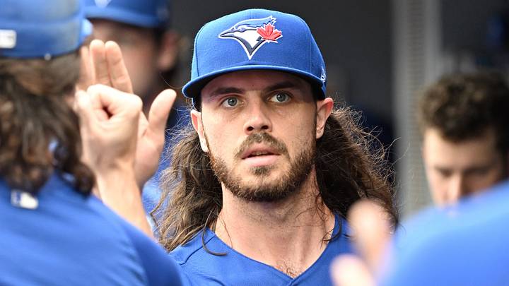 Sep 12, 2026; Toronto, Ontario, CAN;  Toronto Blue Jays relief pitcher Spencer Arrighetti (45) is greeted by team mates in the dugout after being relieved against the Baltimore Orioles in the sixth inning at Rogers Centre.  Mandatory Credit: Dan Hamilton-Imagn Images