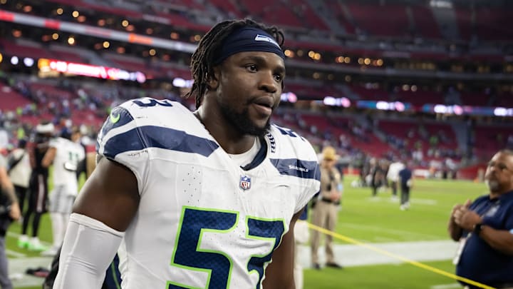 Dec 8, 2024; Glendale, Arizona, USA; Seattle Seahawks linebacker Boye Mafe (53) against the Arizona Cardinals at State Farm Stadium. Mandatory Credit: Mark J. Rebilas-Imagn Images