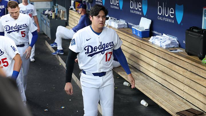 Sep 7, 2026; Los Angeles, California, USA; Los Angeles Dodgers designated hitter Shohei Ohtani (17) walks in the dugout after striking out against Cincinnati Reds starting pitcher Chase Burns (not pictured) during the third inning at Dodger Stadium. Mandatory Credit: Kiyoshi Mio-Imagn Images Sep 7, 2026; Los Angeles, California, USA; Los Angeles Dodgers designated hitter Shohei Ohtani (17) walks in the dugout after striking out against Cincinnati Reds starting pitcher Chase Burns (not pictured) during the third inning at Dodger Stadium. Mandatory Credit: Kiyoshi Mio-Imagn Images