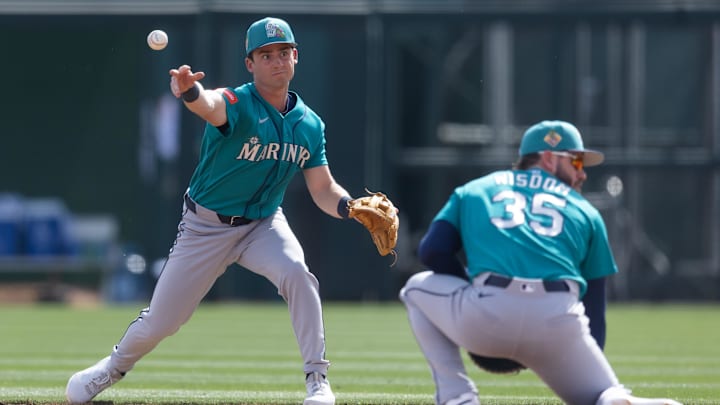 Feb 23, 2026; Phoenix, Arizona, USA; Seattle Mariners infielder Cole Young against the Los Angeles Dodgers during a spring training game at Camelback Ranch-Glendale. Mandatory Credit: Mark J. Rebilas-Imagn Images Feb 23, 2026; Phoenix, Arizona, USA; Seattle Mariners infielder Cole Young against the Los Angeles Dodgers during a spring training game at Camelback Ranch-Glendale. Mandatory Credit: Mark J. Rebilas-Imagn Images