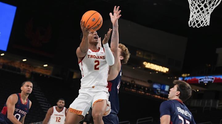 Isaiah Elohim, 2, of USC shoots against Saint Mary's College during the 2024 Acrisure Mens Invitational in Palm Desert, Calif., Nov. 28, 2024. Isaiah Elohim, 2, of USC shoots against Saint Mary's College during the 2024 Acrisure Mens Invitational in Palm Desert, Calif., Nov. 28, 2024.