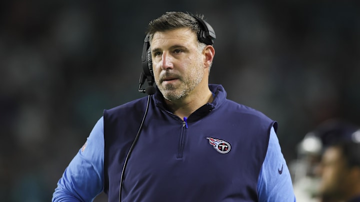 Dec 11, 2023; Miami Gardens, Florida, USA; Tennessee Titans head coach Mike Vrabel looks on against the Miami Dolphins during the fourth quarter at Hard Rock Stadium. Mandatory Credit: Sam Navarro-Imagn Images