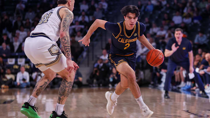 Feb 15, 2025; Atlanta, Georgia, USA; California Golden Bears guard Andrej Stojakovic (2) dribbles against the Georgia Tech Yellow Jackets in the first half at McCamish Pavilion. Mandatory Credit: Brett Davis-Imagn Images