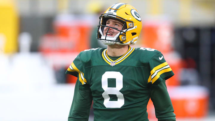 Jan 16, 2021; Green Bay, Wisconsin, USA; Green Bay Packers quarterback Tim Boyle (8) against the Los Angeles Rams during the NFC Divisional Round at Lambeau Field. Mandatory Credit: Mark J. Rebilas-Imagn Images