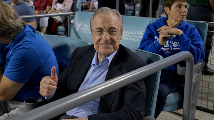Jul 22, 2022; Los Angeles, California, USA;  Florentino Perez, president of Real Madrid, attends a baseball game between the Los Angeles Dodgers and the San Francisco Giants at Dodger Stadium. Mandatory Credit: Jayne Kamin-Oncea-Imagn Images