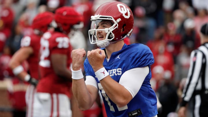Oklahoma's Jackson Arnold celebrates after throwing a touchdown during a University of Oklahoma (OU) Sooners spring football game at Gaylord Family-Oklahoma Memorial Stadium in Norman, Okla., Saturday, April 20, 2024. Oklahoma's Jackson Arnold celebrates after throwing a touchdown during a University of Oklahoma (OU) Sooners spring football game at Gaylord Family-Oklahoma Memorial Stadium in Norman, Okla., Saturday, April 20, 2024.