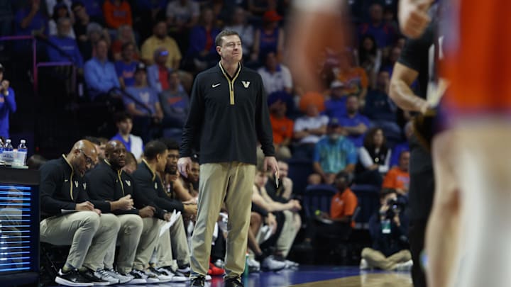 Feb 4, 2025; Gainesville, Florida, USA; Vanderbilt Commodores head coach Mark Byington during the game against the Florida Gators at Exactech Arena at the Stephen C. O'Connell Center. Mandatory Credit: Morgan Tencza-Imagn Images