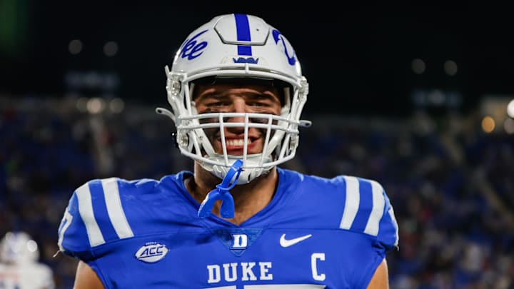 Oct 26, 2024; Durham, North Carolina, USA; Duke Blue Devils offensive lineman Justin Pickett (77) smiles prior to the first half of the game against Southern Methodist Mustangs at Wallace Wade Stadium. Mandatory Credit: Jaylynn Nash-Imagn Images