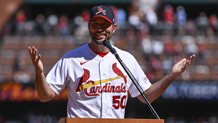 Oct 1, 2023; St. Louis, Missouri, USA; St. Louis Cardinals starting pitcher Adam Wainwright (50) talks to fans during his retirement ceremony before a game against the Cincinnati Reds at Busch Stadium. Mandatory Credit: Jeff Curry-Imagn Images Oct 1, 2023; St. Louis, Missouri, USA; St. Louis Cardinals starting pitcher Adam Wainwright (50) talks to fans during his retirement ceremony before a game against the Cincinnati Reds at Busch Stadium. Mandatory Credit: Jeff Curry-Imagn Images