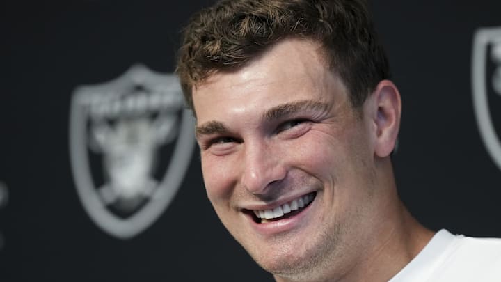Las Vegas Raiders quarterback Fernando Mendoza speaks during a news conference.