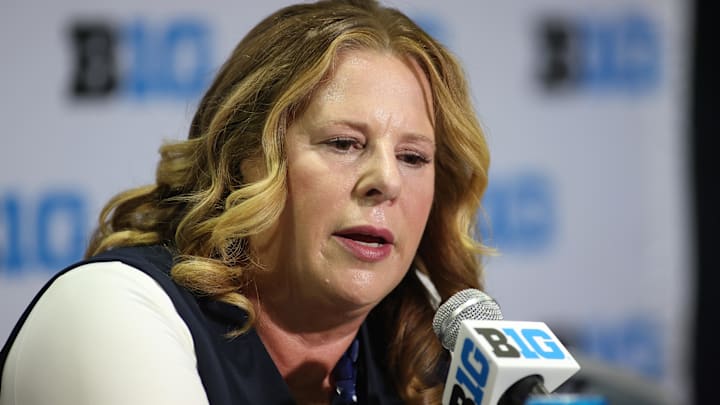 Oct 8, 2025; Rosemont, Illinois, USA; UCLA Head Coach Cori Close speaks during Big Ten Women’s Basketball Media Days at the Donald E. Stephens Convention Center. Mandatory Credit: Talia Sprague-Imagn Images