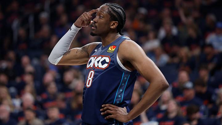 Apr 22, 2026; Oklahoma City, Oklahoma, USA; Oklahoma City Thunder guard Jalen Williams (8) gestures to his team before a play against the Phoenix Suns in the first half during game two of the first round of the 2026 NBA Playoffs at Paycom Center. Apr 22, 2026; Oklahoma City, Oklahoma, USA; Oklahoma City Thunder guard Jalen Williams (8) gestures to his team before a play against the Phoenix Suns in the first half during game two of the first round of the 2026 NBA Playoffs at Paycom Center.