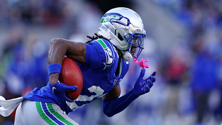 Nov 30, 2025; Seattle, Washington, USA; Seattle Seahawks wide receiver Rashid Shaheed (22) runs the ball during the second half against the Minnesota Vikings at Lumen Field. Mandatory Credit: Kevin Ng-Imagn Images