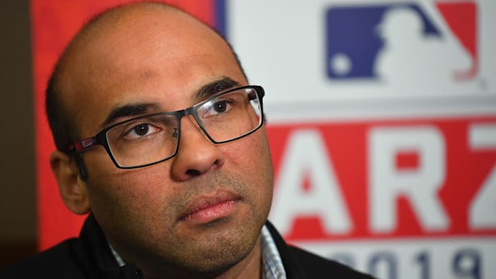 Feb 19, 2019; Glendale, AZ, USA; San Francisco Giants general manager Farhan Zaidi speaks to the press