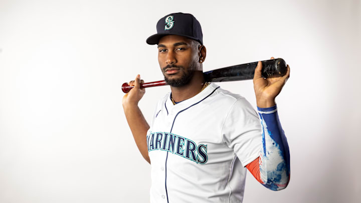 Feb 20, 2025; Peoria, AZ, USA; Seattle Mariners outfielder Lazaro Montes poses for a portrait during media day at Peoria Sports Complex. Mandatory Credit: Mark J. Rebilas-Imagn Images