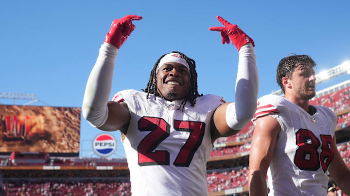 Sep 21, 2025; Santa Clara, California, USA; San Francisco 49ers safety Ji'Ayir Brown (27) reacts after the game against the Arizona Cardinals during the second half at Levi's Stadium. Mandatory Credit: Cary Edmondson-Imagn Images