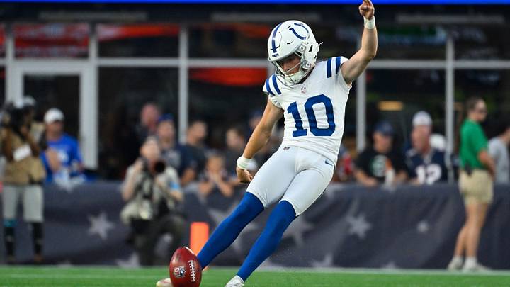 Aug 13, 2026; Foxborough, Massachusetts, USA; Indianapolis Colts place kicker Blake Grupe (10) kicks the ball against the New England Patriots during the first half at Gillette Stadium. Mandatory Credit: Eric Canha-Imagn Images Aug 13, 2026; Foxborough, Massachusetts, USA; Indianapolis Colts place kicker Blake Grupe (10) kicks the ball against the New England Patriots during the first half at Gillette Stadium. Mandatory Credit: Eric Canha-Imagn Images