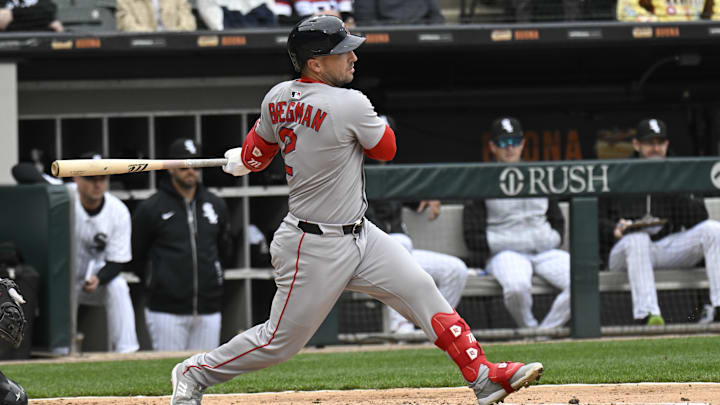 Apr 13, 2025; Chicago, Illinois, USA; Boston Red Sox third base Alex Bregman (2) singles during the sixth inning against the Chicago White Sox at Guaranteed Rate Field. Mandatory Credit: Matt Marton-Imagn Images Apr 13, 2025; Chicago, Illinois, USA; Boston Red Sox third base Alex Bregman (2) singles during the sixth inning against the Chicago White Sox at Guaranteed Rate Field. Mandatory Credit: Matt Marton-Imagn Images