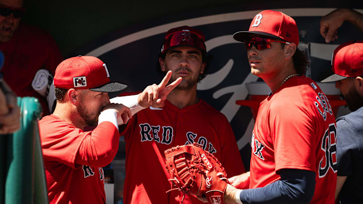 Marcelo Mayer poses for a picture with Red Sox teammates ahead of a Spring Training game on March 11, 2025, at JetBlue Park in Fort Myers, Florida.