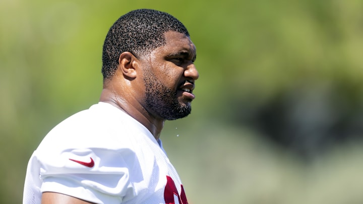 Jun 10, 2025; Tempe, AZ, USA; Arizona Cardinals defensive lineman Calais Campbell (93) during minicamp at the teams Arizona Cardinals Training Facility. Mandatory Credit: Mark J. Rebilas-Imagn Images