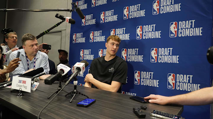 May 14, 2025; Chicago, Il, USA; Cooper Flagg talks to the media during the 2025 NBA Draft Combine at Marriott Marquis Chicago. Mandatory Credit: David Banks-Imagn Images