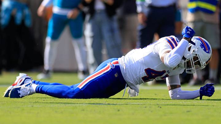 Buffalo Bills cornerback Christian Benford (47) pounds the turf on a missed opportunity during the second quarter of an NFL football AFC Wild Card playoff matchup, Sunday, Jan. 11, 2026, in Jacksonville, Fla Buffalo Bills cornerback Christian Benford (47) pounds the turf on a missed opportunity during the second quarter of an NFL football AFC Wild Card playoff matchup, Sunday, Jan. 11, 2026, in Jacksonville, Fla