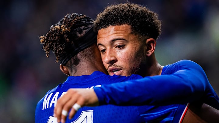 Noni Madueke (left) and Jadon Sancho (right) celebrate Chelsea's UEFA Conference League victory back in May.