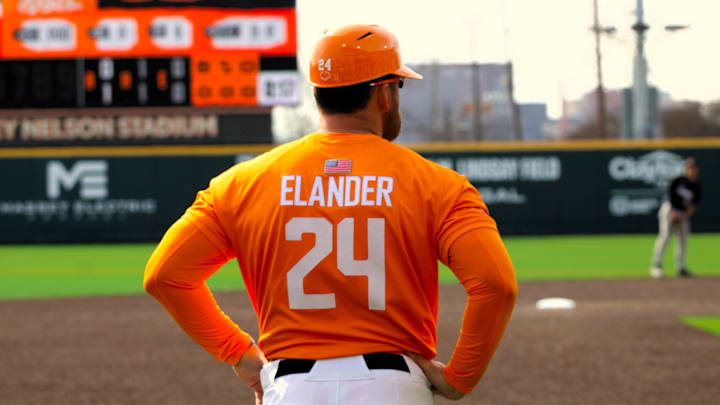 Josh Elander looks over the field in Game 1 of the double header vs. Nicholls State 02/14/2026. Josh Elander looks over the field in Game 1 of the double header vs. Nicholls State 02/14/2026.
