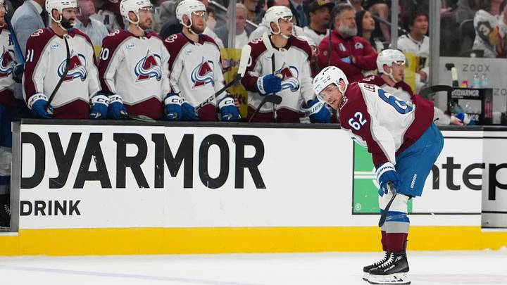 May 26, 2026; Las Vegas, Nevada, USA; Colorado Avalanche left wing Artturi Lehkonen (62) skates between play during the second period against the Vegas Golden Knights in game four of the Western Conference Final of the 2026 Stanley Cup Playoffs at T-Mobile Arena. Mandatory Credit: Stephen R. Sylvanie-Imagn Images