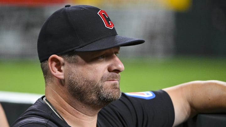 Sep 21, 2024; St. Louis, Missouri, USA; Cleveland Guardians manager Stephen Vogt (12) looks on during the fifth inning against the St. Louis Cardinals at Busch Stadium. Sep 21, 2024; St. Louis, Missouri, USA; Cleveland Guardians manager Stephen Vogt (12) looks on during the fifth inning against the St. Louis Cardinals at Busch Stadium.