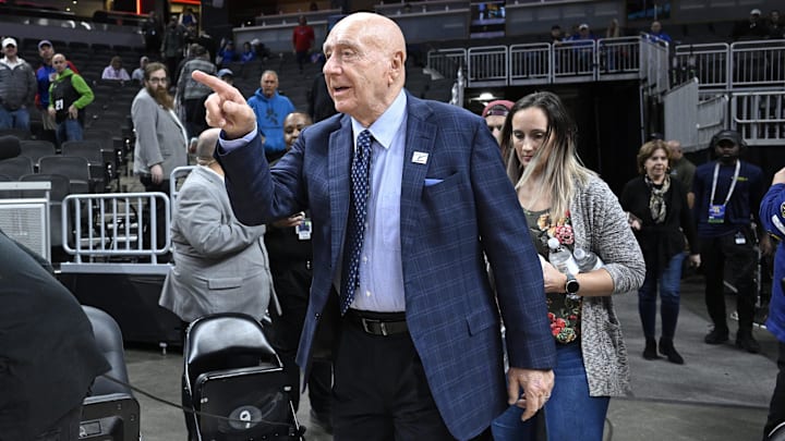 Nov 15, 2022; Indianapolis, Indiana, USA;  Dick Vitale steps onto the court before the game between the Michigan State Spartans and the Kentucky Wildcats at Gainbridge Fieldhouse. Mandatory Credit: Marc Lebryk-Imagn Images