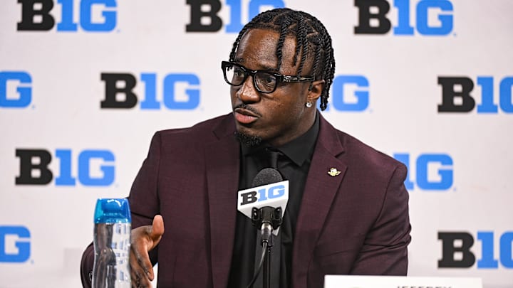 Jul 25, 2024; Indianapolis, IN, USA; Oregon Ducks linebacker Jeffrey Bassa speaks to the media during the Big 10 football media day at Lucas Oil Stadium. Mandatory Credit: Robert Goddin-USA TODAY Sports