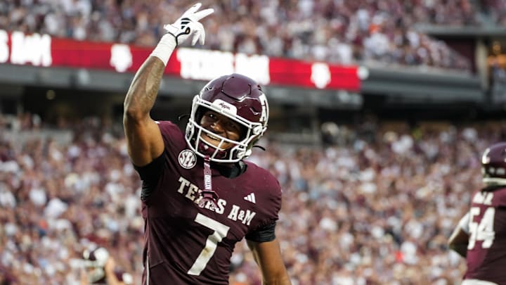 Aug 30, 2025; College Station, Texas, Texas A&M Aggies wide receiver KC Concepcion (7) celebrates after a touchdown in the second quarter against the UTSA Roadrunners USA; at Kyle Field. Mandatory Credit: Sean Thomas-Imagn Images