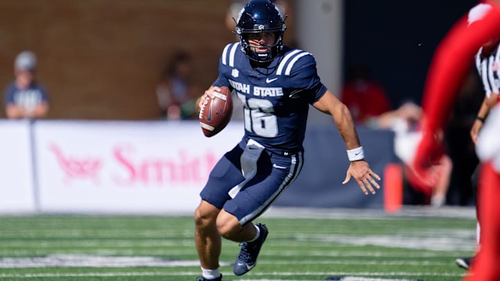 Utah State Aggies quarterback Bryson Barnes. Utah State Aggies quarterback Bryson Barnes.