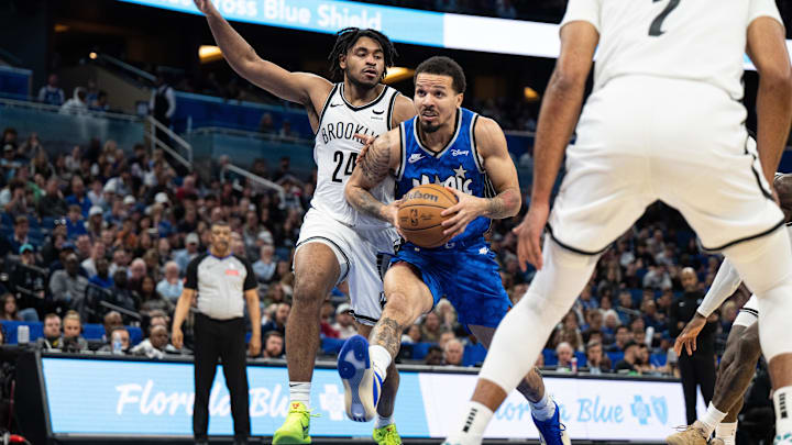 Orlando Magic guard Cole Anthony (50) drives to the basket against Brooklyn Nets guard Cam Thomas (24) in the fourth quarter at Kia Center.