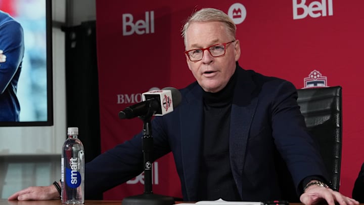 Jan 15, 2025; Toronto, Ontario, CAN; MLSE President and CEO Keith Pelley speaks to the media during the press conference at BMO Training Ground. Mandatory Credit: Nick Turchiaro-Imagn Images