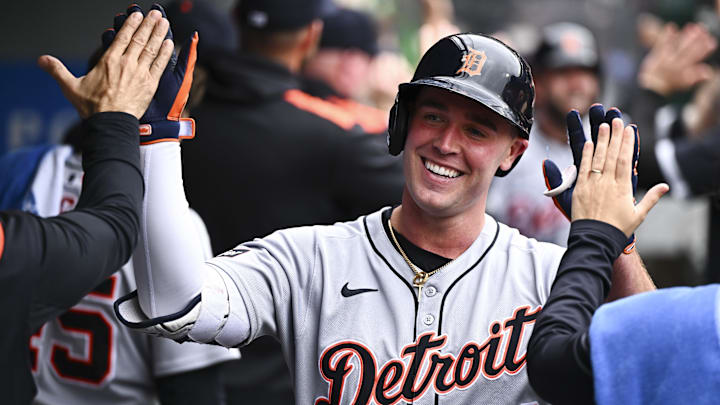 May 4, 2025; Anaheim, California, USA; Detroit Tigers outfielder Kerry Carpenter (30) celebrates with teammates after hitting a three run home run against the Los Angeles Angels during the sixth inning at Angel Stadium. Jonathan Hui-Imagn Images