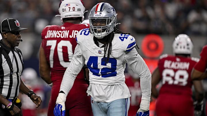 Dallas Cowboys defensive end Jadeveon Clowney (42) celebrates after he sacks Arizona Cardinals quarterback Jacoby Brissett (7) during the game between the Dallas Cowboys and the Arizona Cardinals. Dallas Cowboys defensive end Jadeveon Clowney (42) celebrates after he sacks Arizona Cardinals quarterback Jacoby Brissett (7) during the game between the Dallas Cowboys and the Arizona Cardinals.