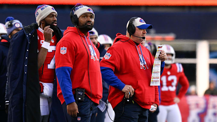 Dec 1, 2024; Foxborough, Massachusetts, USA; New England Patriots quarterback Jacoby Brissett (7), head coach Jerod Mayo, and offensive coordinator Alex Van Pelt (L to R) watch from the sideline during the second half against the Indianapolis Colts at Gillette Stadium. Mandatory Credit: Eric Canha-Imagn Images