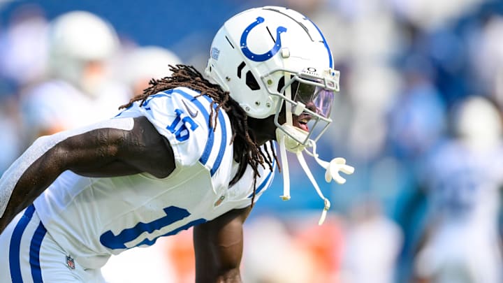 Oct 13, 2024; Nashville, Tennessee, USA;  Indianapolis Colts wide receiver Ashton Dulin (16) during pregame warmups against the Tennessee Titans at Nissan Stadium. Mandatory Credit: Steve Roberts-Imagn Images