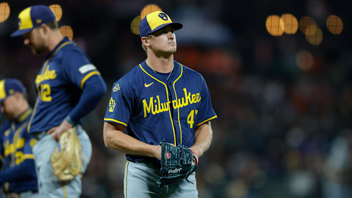 Apr 21, 2025; San Francisco, California, USA; Milwaukee Brewers starting pitcher Quinn Priester (46) is removed from the game by manager Pat Murphy (49) during the fifth inning against the San Francisco Giants at Oracle Park. Mandatory Credit: Sergio Estrada-Imagn Images Apr 21, 2025; San Francisco, California, USA; Milwaukee Brewers starting pitcher Quinn Priester (46) is removed from the game by manager Pat Murphy (49) during the fifth inning against the San Francisco Giants at Oracle Park. Mandatory Credit: Sergio Estrada-Imagn Images