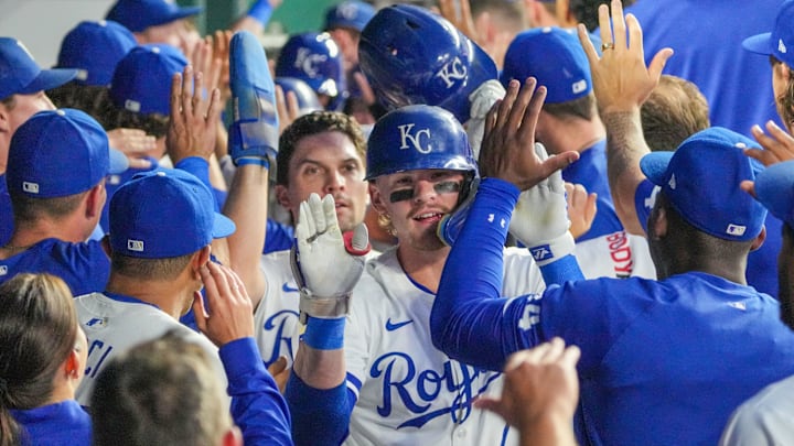 Sep 16, 2024; Kansas City, Missouri, USA; Kansas City Royals shortstop Bobby Witt Jr. (7) celebrates in the dugout after hitting a grand slam against the Detroit Tigers in the third inning at Kauffman Stadium. Mandatory Credit: Denny Medley-Imagn Images Sep 16, 2024; Kansas City, Missouri, USA; Kansas City Royals shortstop Bobby Witt Jr. (7) celebrates in the dugout after hitting a grand slam against the Detroit Tigers in the third inning at Kauffman Stadium. Mandatory Credit: Denny Medley-Imagn Images