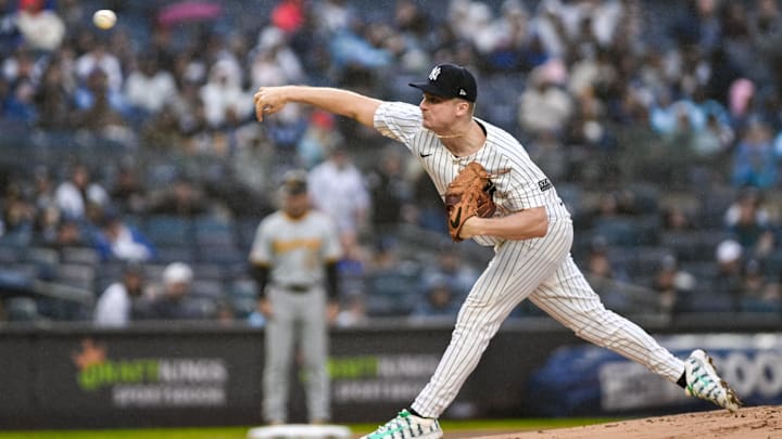 Sep 29, 2024; Bronx, New York, USA; New York Yankees pitcher Clarke Schmidt (36) pitches against the Pittsburgh Pirates during the first inning at Yankee Stadium. Mandatory Credit: John Jones-Imagn Images