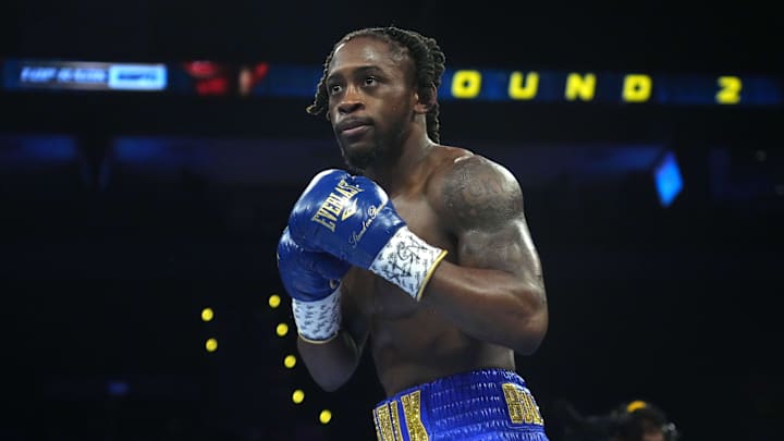 Feb 8, 2024; Las Vegas, Nevada, USA;  Jose Pedraza (gold/black trunks) and Keyshawn Davis (blue/gold trunks) box during their WBO Intercontinental Lightweight bout at Michelob ULTRA Arena. Mandatory Credit: Joe Camporeale-Imagn Images
