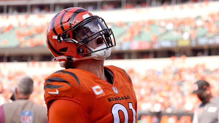 Sep 14, 2025; Cincinnati, Ohio, USA;  Cincinnati Bengals defensive end Trey Hendrickson (91) celebrates the win after the game against the Jacksonville Jaguars at Paycor Stadium. Mandatory Credit: Joseph Maiorana-Imagn Images