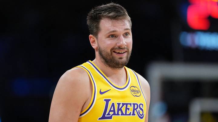 Mar 6, 2026; Los Angeles, California, USA; Los Angeles Lakers guard Luka Doncic (77) reacts against the Indiana Pacers in the second half at Crypto.com Arena. Mandatory Credit: Kirby Lee-Imagn Images